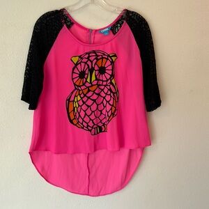 Lamour L  Nanette Lepore OWL hot pink yellow net 3/4 sleeves scoop neck neon